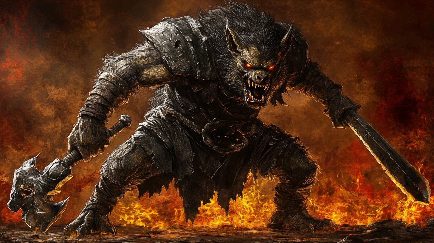 A scary demon creature in black rags, fiery background