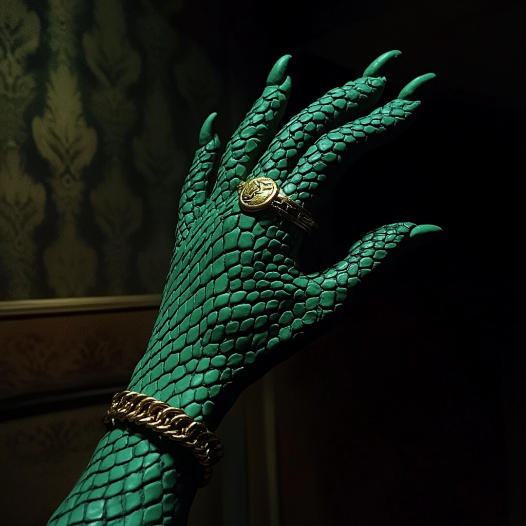 A scary green snake hand in dim room