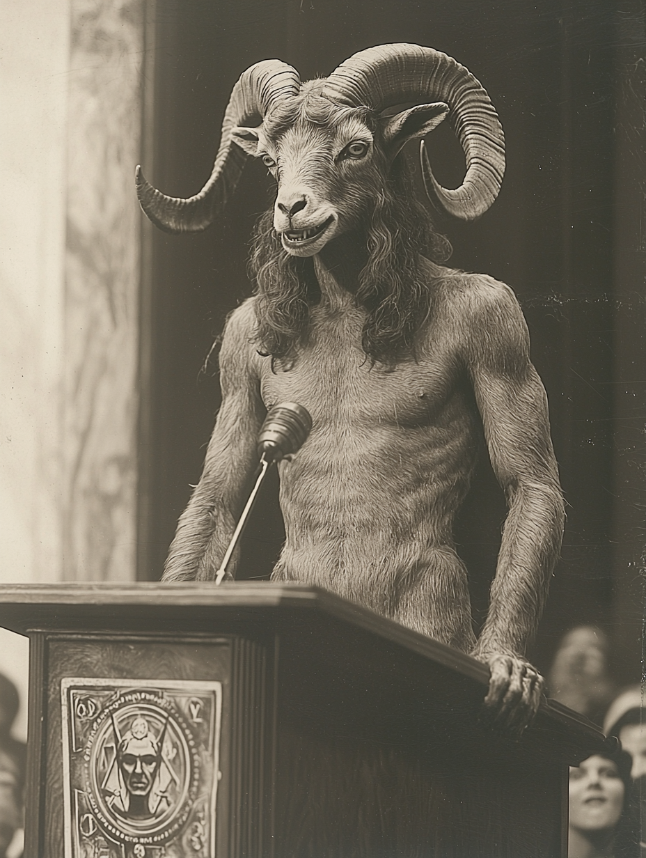 A scary man in goat suit giving speech.