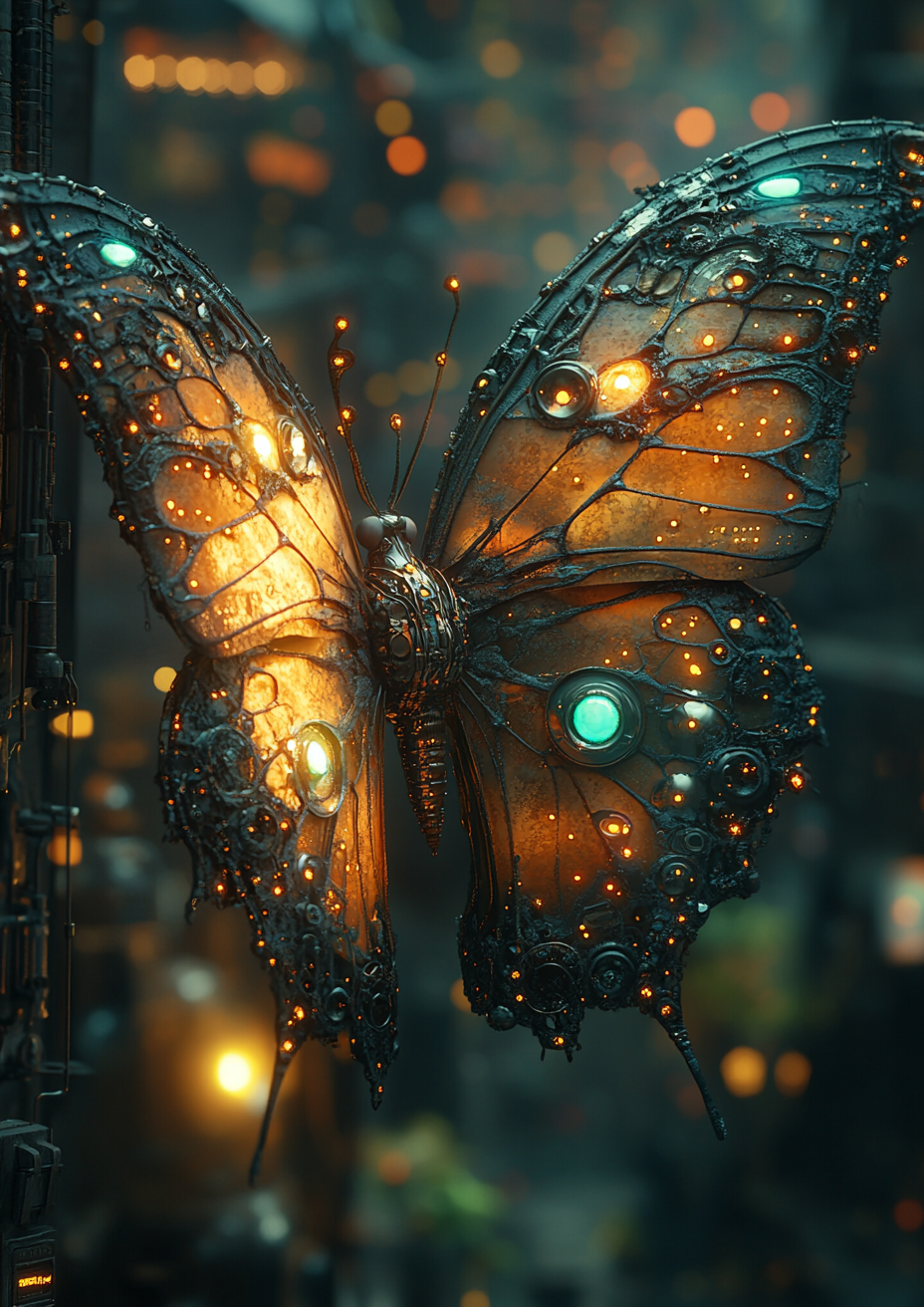 A scary mechanical butterfly super villain in city