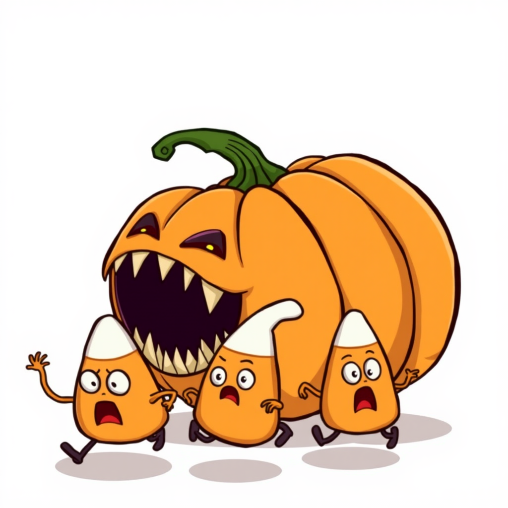 A scary pumpkin chases candy corn friends.