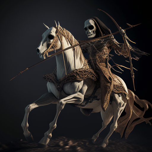 A scary skeleton on a horse with a bow