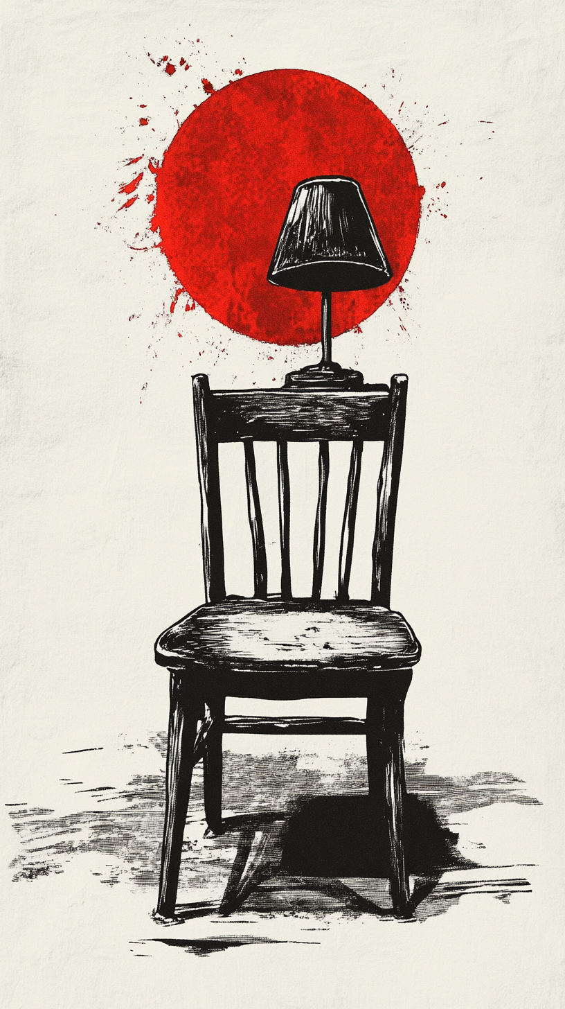 A scary vintage lamp on old chair, linocut style.