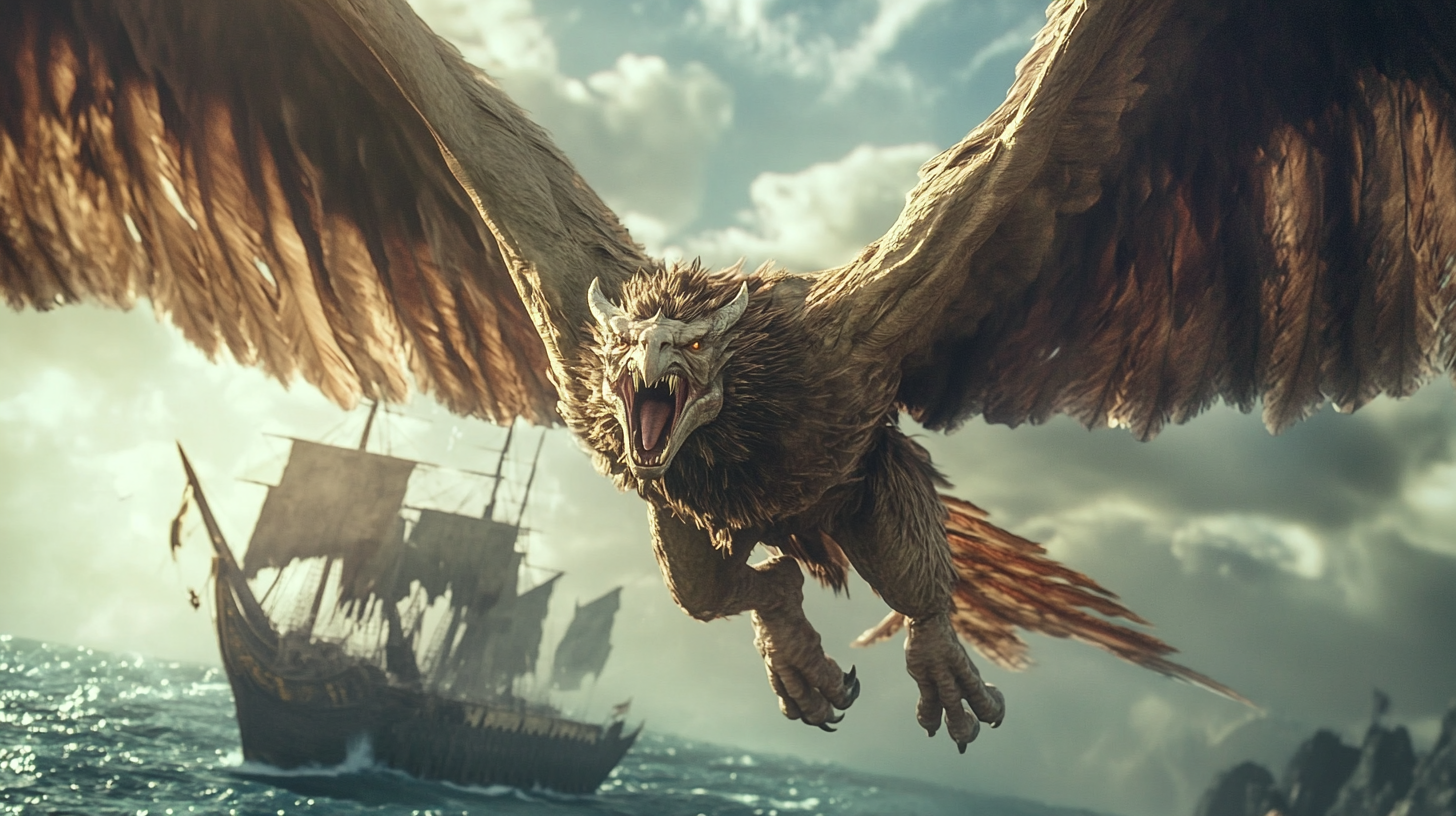 A scary winged harpy flying over a ship