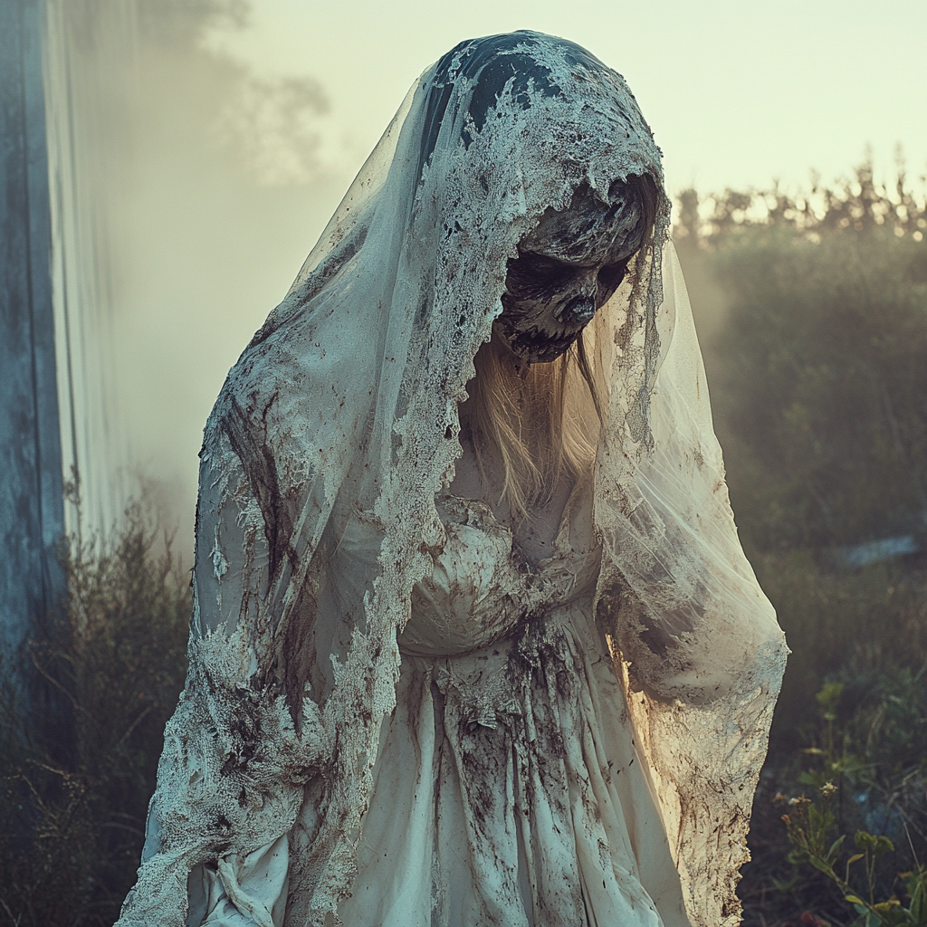 A scary zombie bride in torn gown at sunrise.