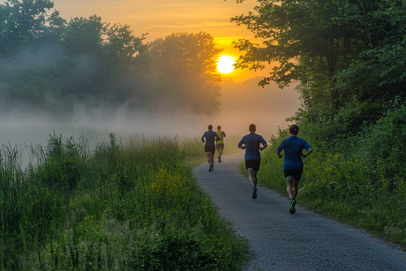 A scenic nature path with runners at sunrise