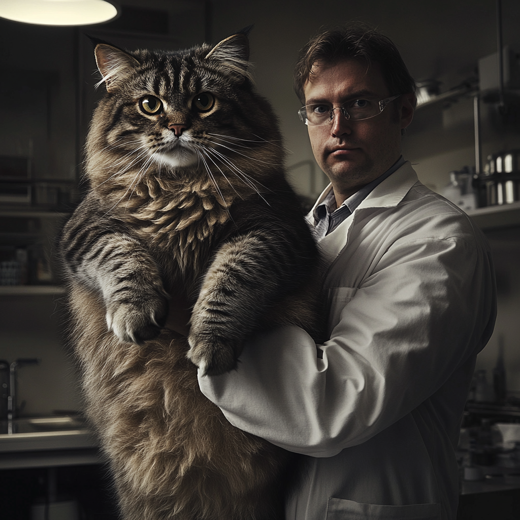 A scientist holding a giant cat in lab.