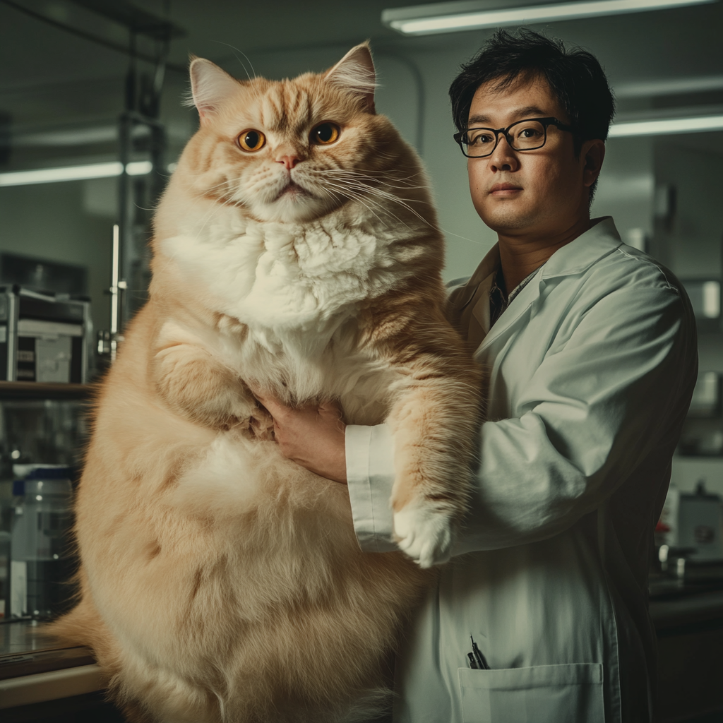 A scientist holding a giant round cat in lab.