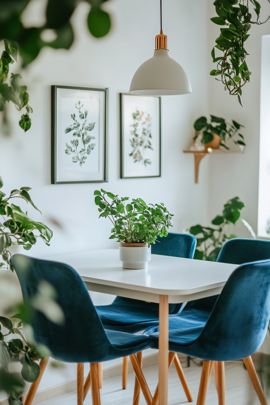 A serene Scandinavian kitchen with blue velvet chairs.