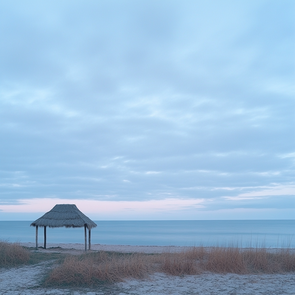 A serene beach scene at dusk with a hut.