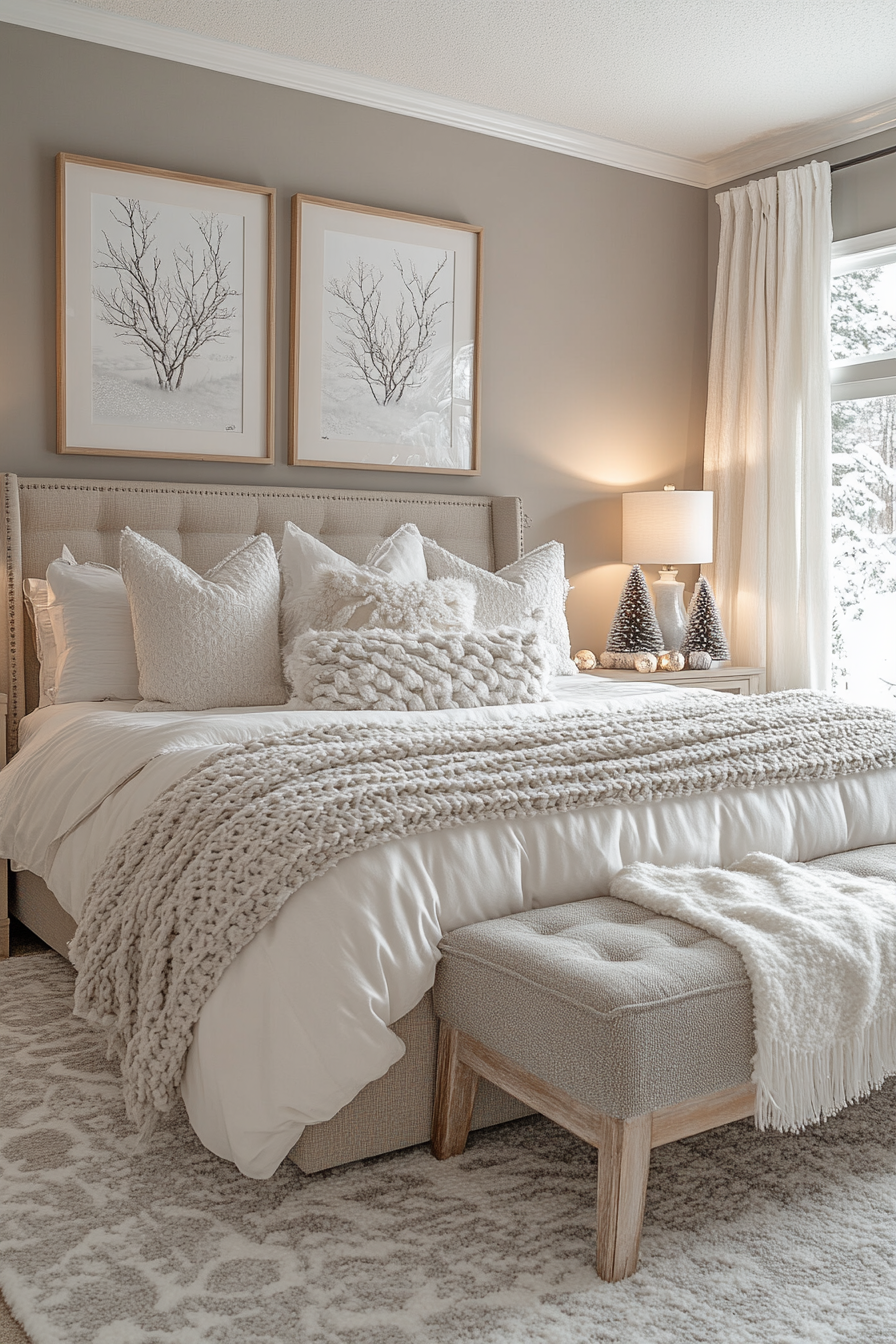 A serene bedroom with Frosted Forest Christmas decor