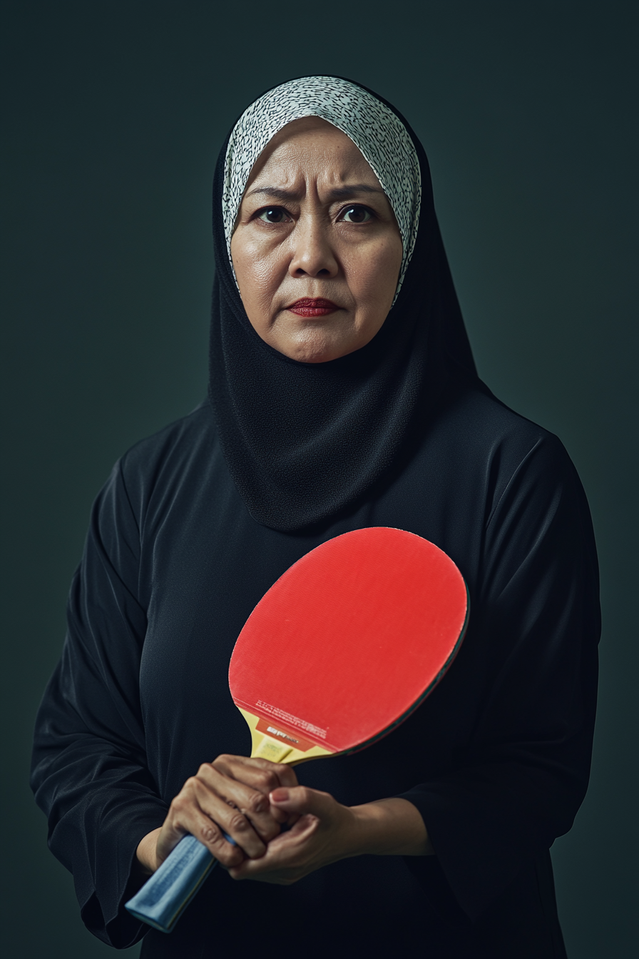 A serious Malay woman holding a table tennis racquet.