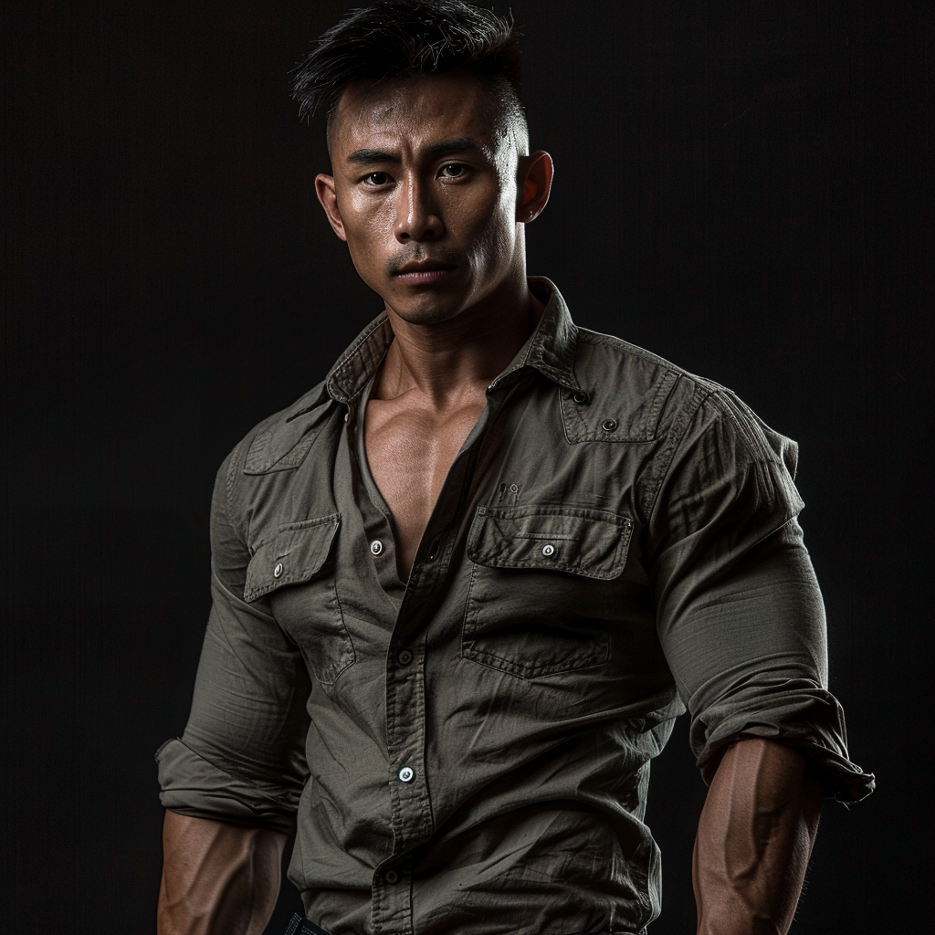 A serious Vietnamese body builder in vintage shirt.