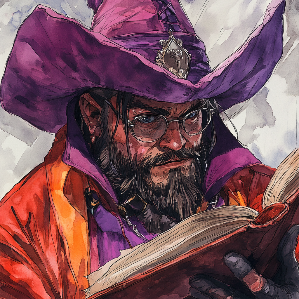 A sharp-eyed male dwarf wizard in vibrant robes