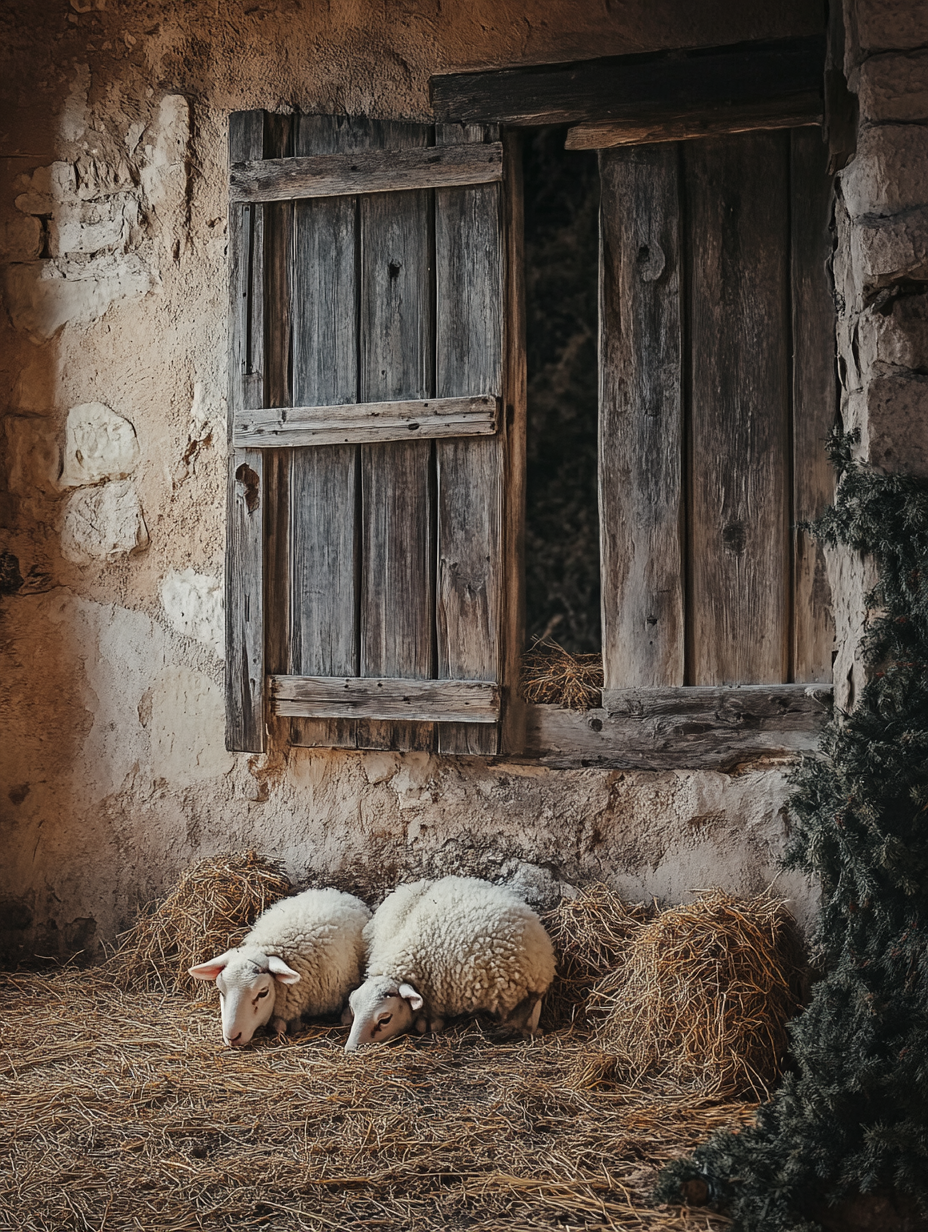 A sheep eating straw in rustic stable at night