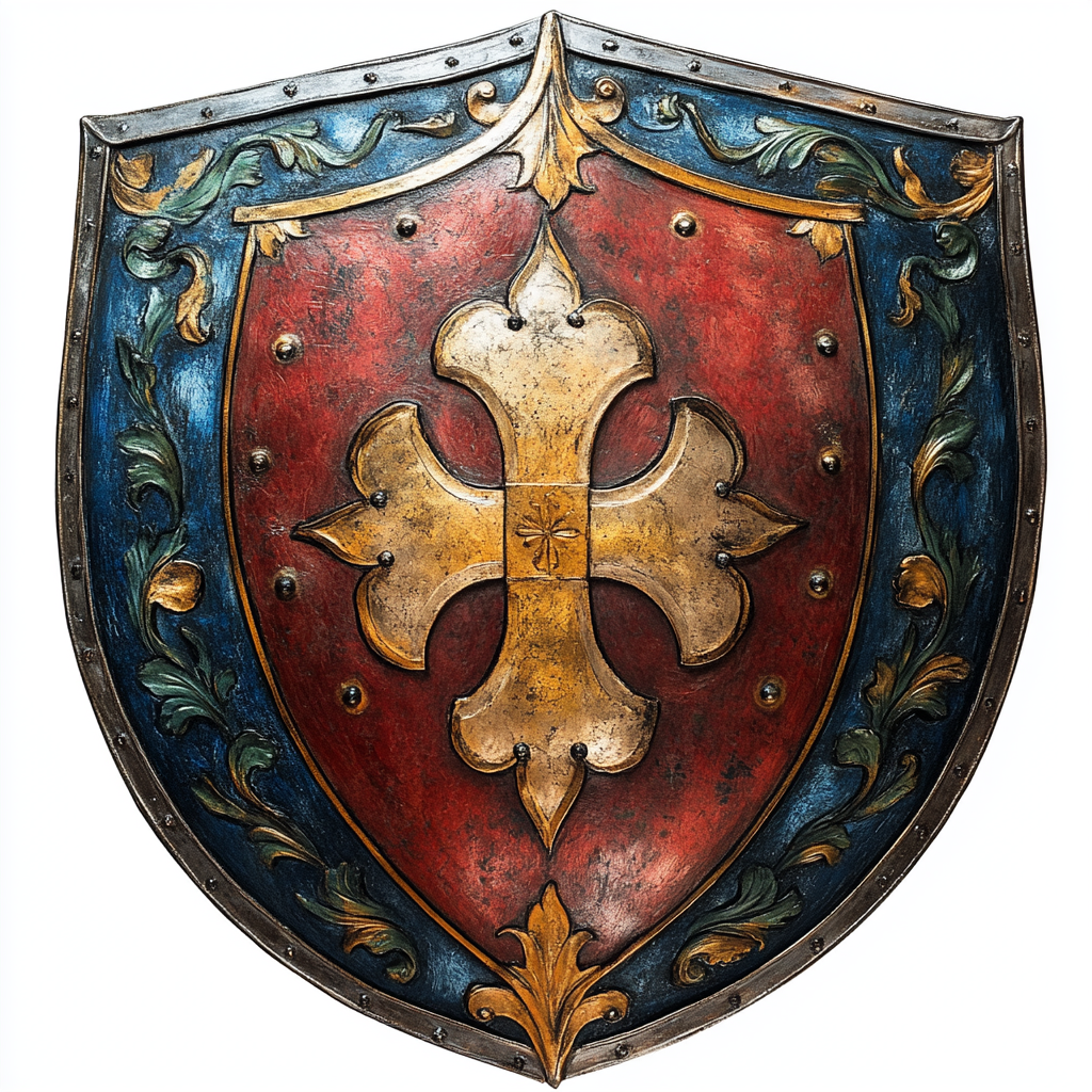 A shield with blue, white, red, and gold symbols.