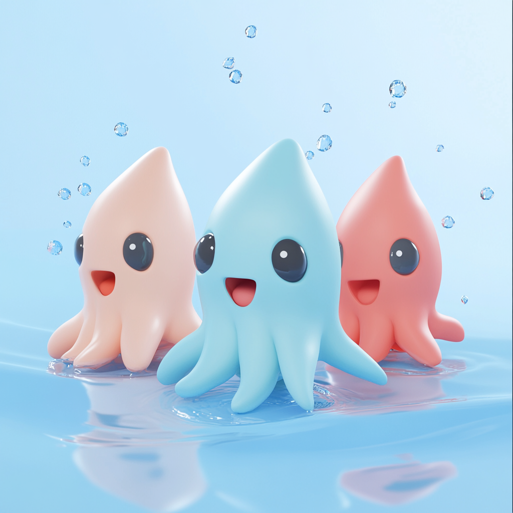 A shiny, cute squid in 3D on white