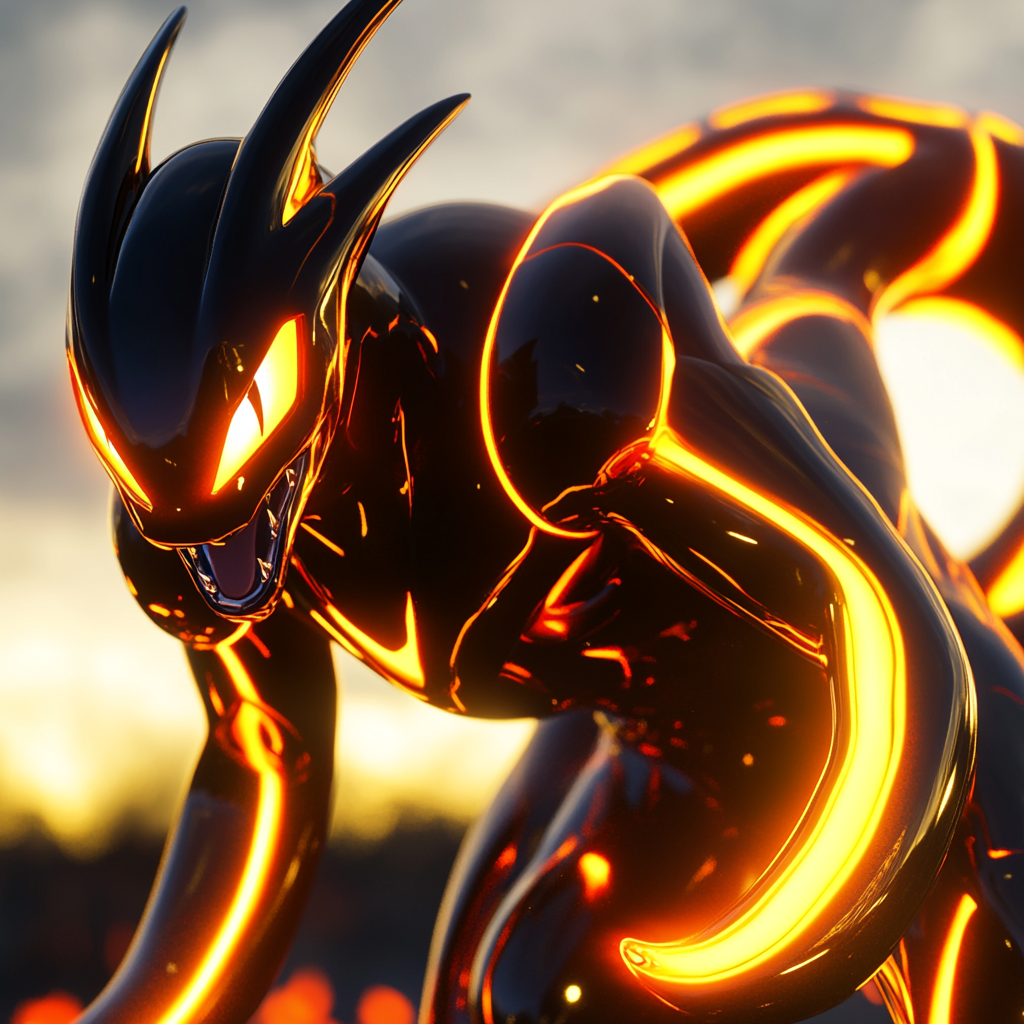 A shiny, sleek Rayquaza in sunset light, glowing brightly.