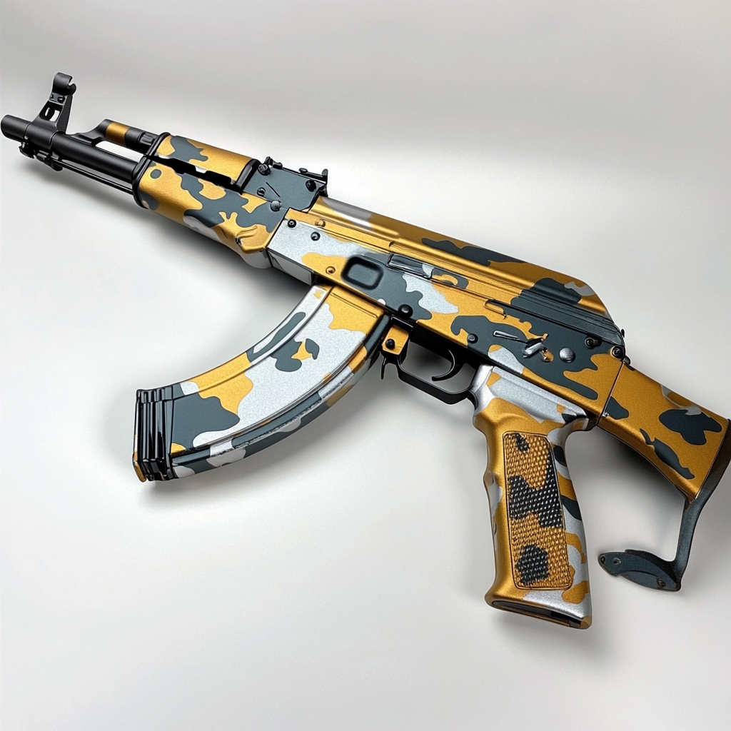 A shiny AK-47 in silver, gold, copper camouflage