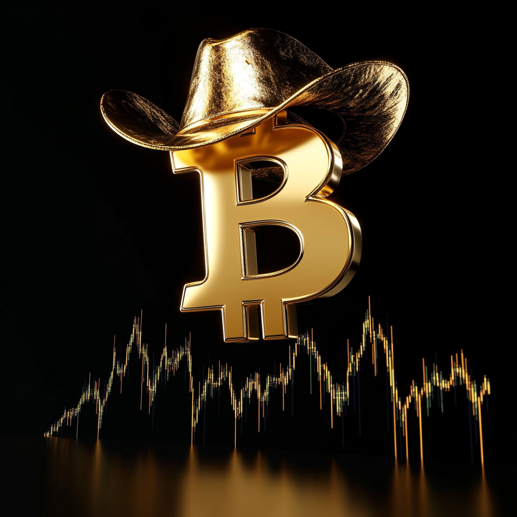 A shiny Bitcoin cowboy riding upward trend chart