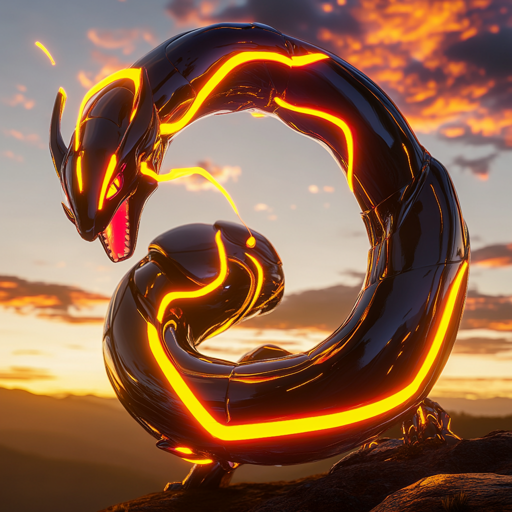 A shiny Rayquaza coils in the sky, glowing brightly.