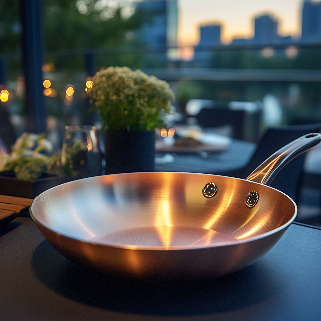 A shiny copper pan with steel handle outside