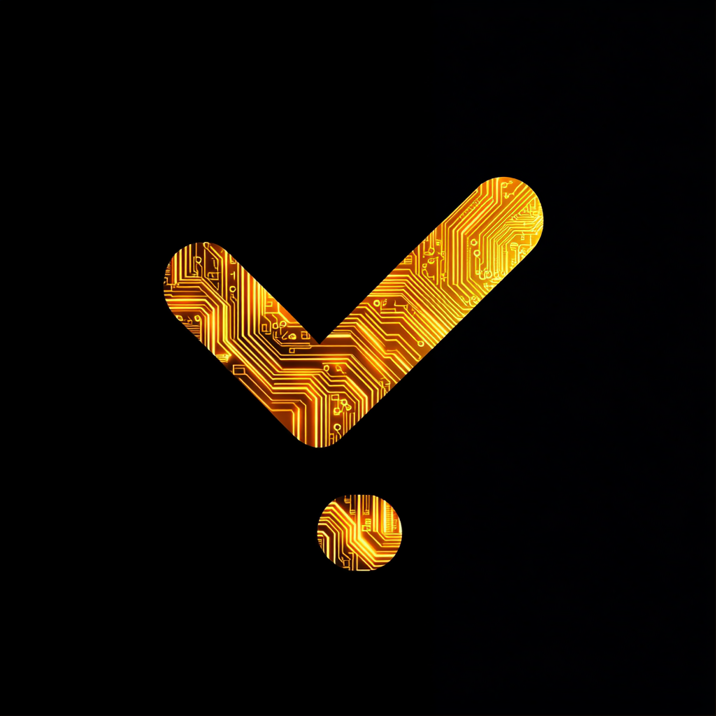 A shiny gold check mark with circuit pattern