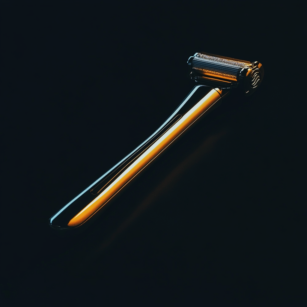 A shiny razor on a black background.