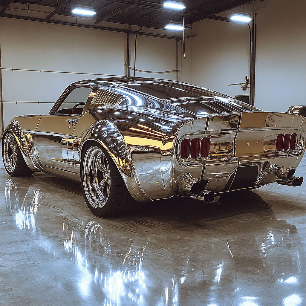 A shiny silver car in a garage.