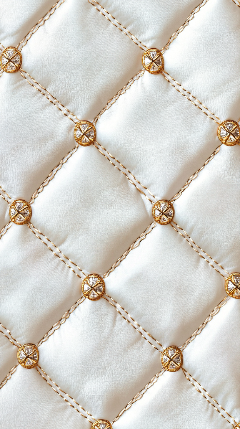 A shiny white leather pattern with golden stitches