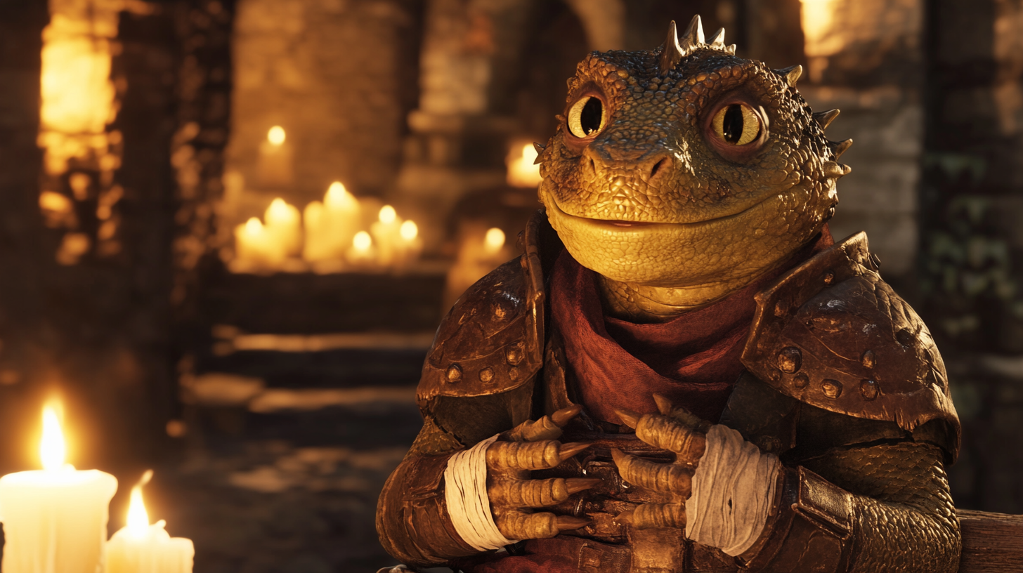 A short dragonborn in golden armor, in candlelit castle