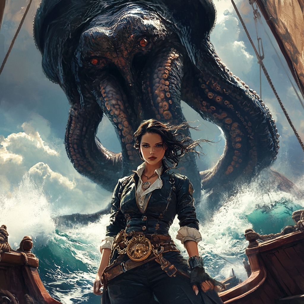 A short white woman captain on ship with tentacle.