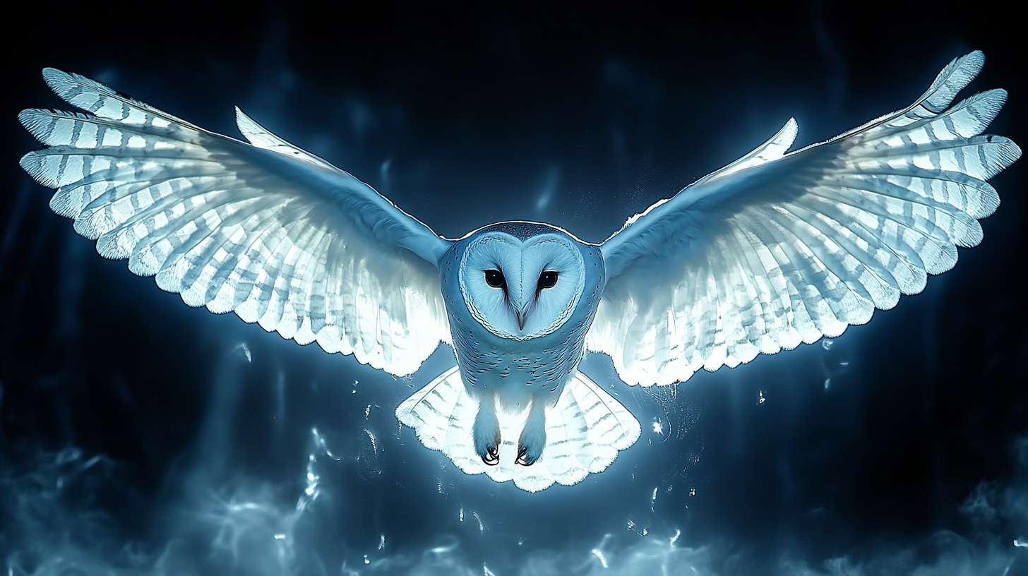 A silent flying barn owl in a dark forest