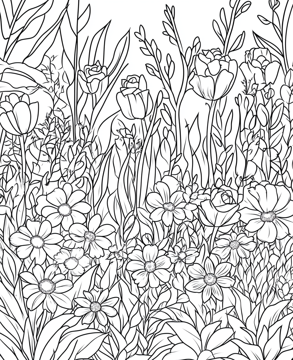 A simple sketch of lush garden with flowers