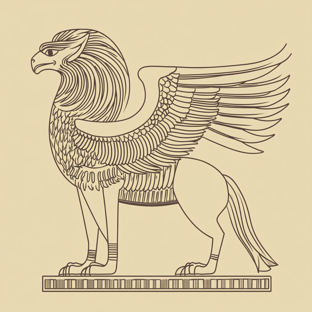 A simplified, modern 2D griffin with Persian details.