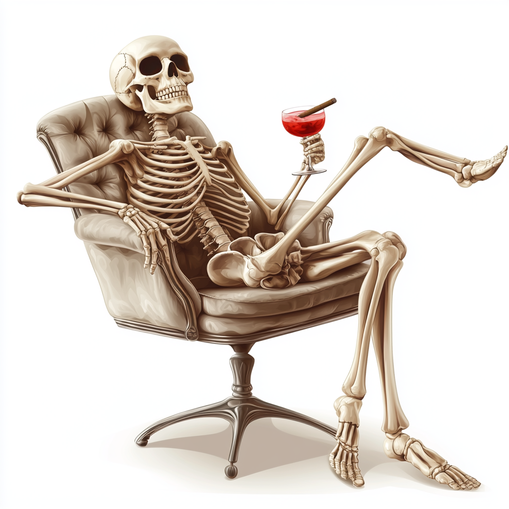 A skeleton in chair with red cocktail, cigar.