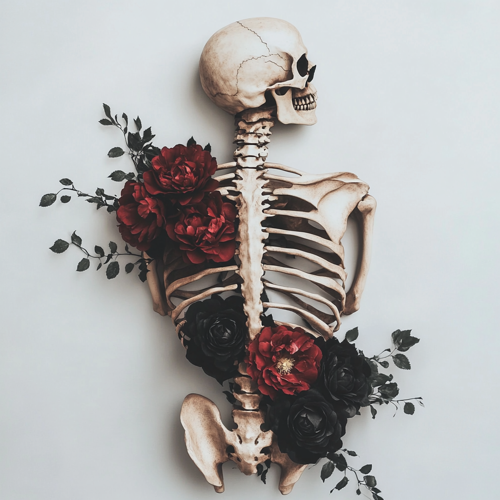 A skeleton torso with flowers on white background.