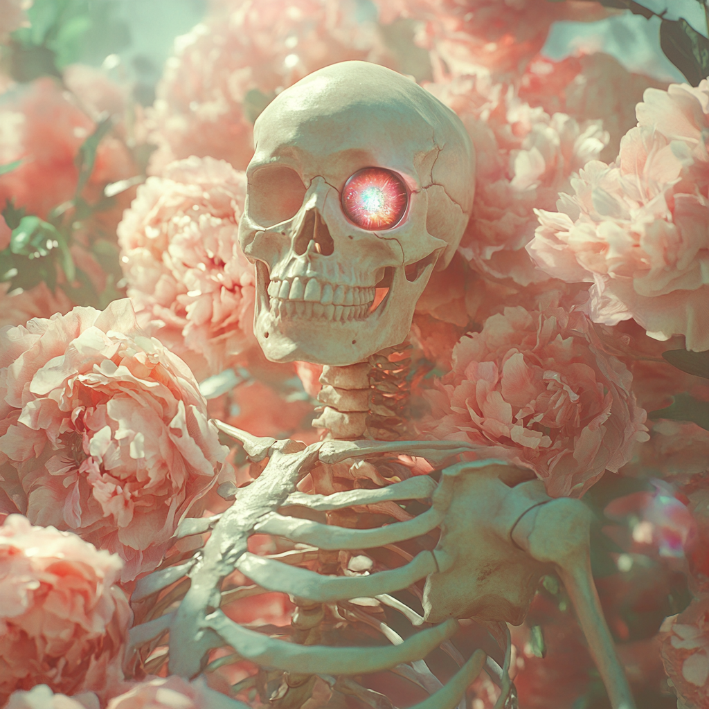A skeleton torso with shiny eye in vintage peony.
