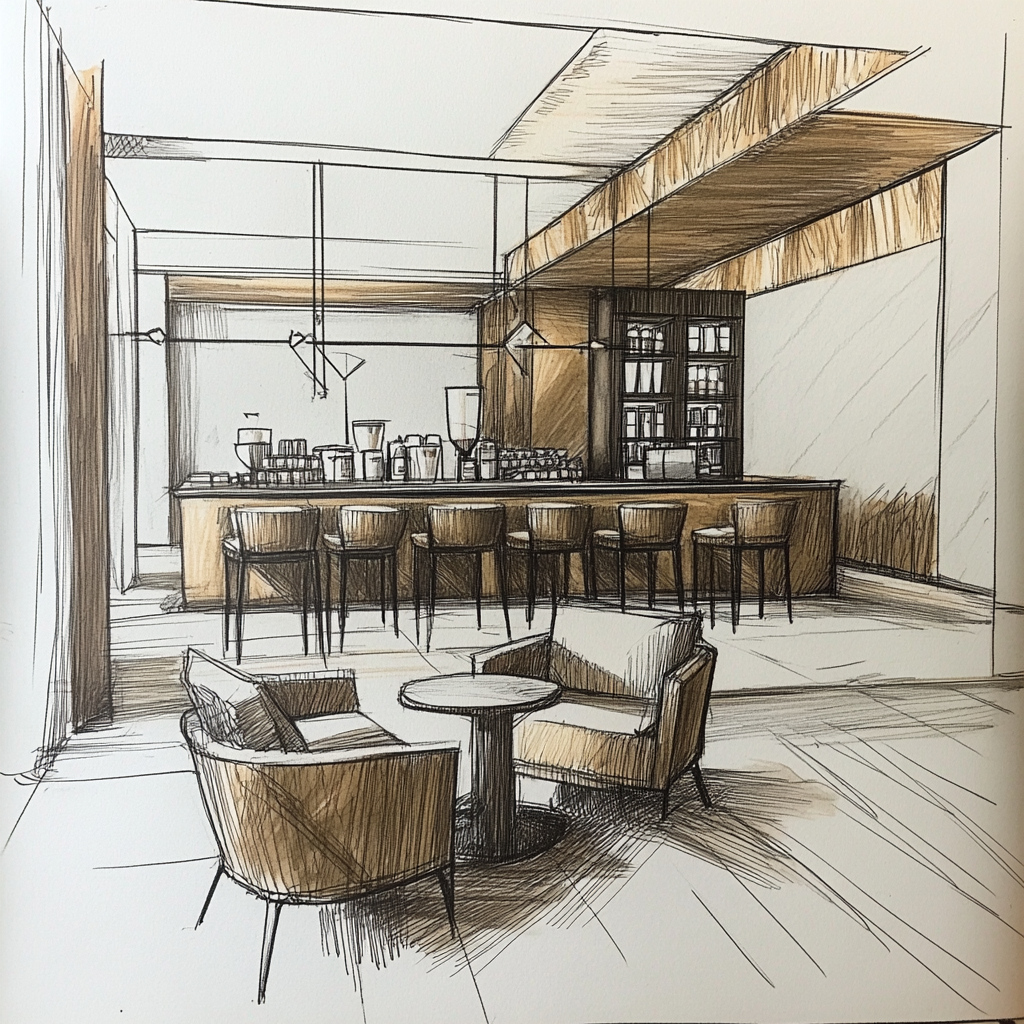 A sketch of a chic hotel coffee lounge