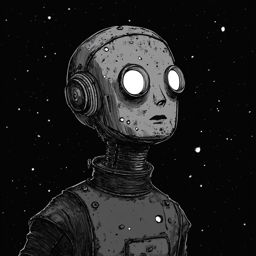 A sketch of a young android in retro sci-fi