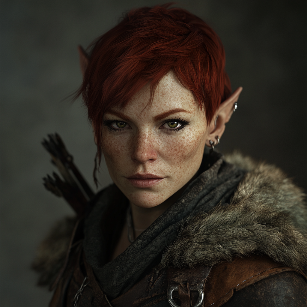 A skilled half-elf female hunter in fur and leather.