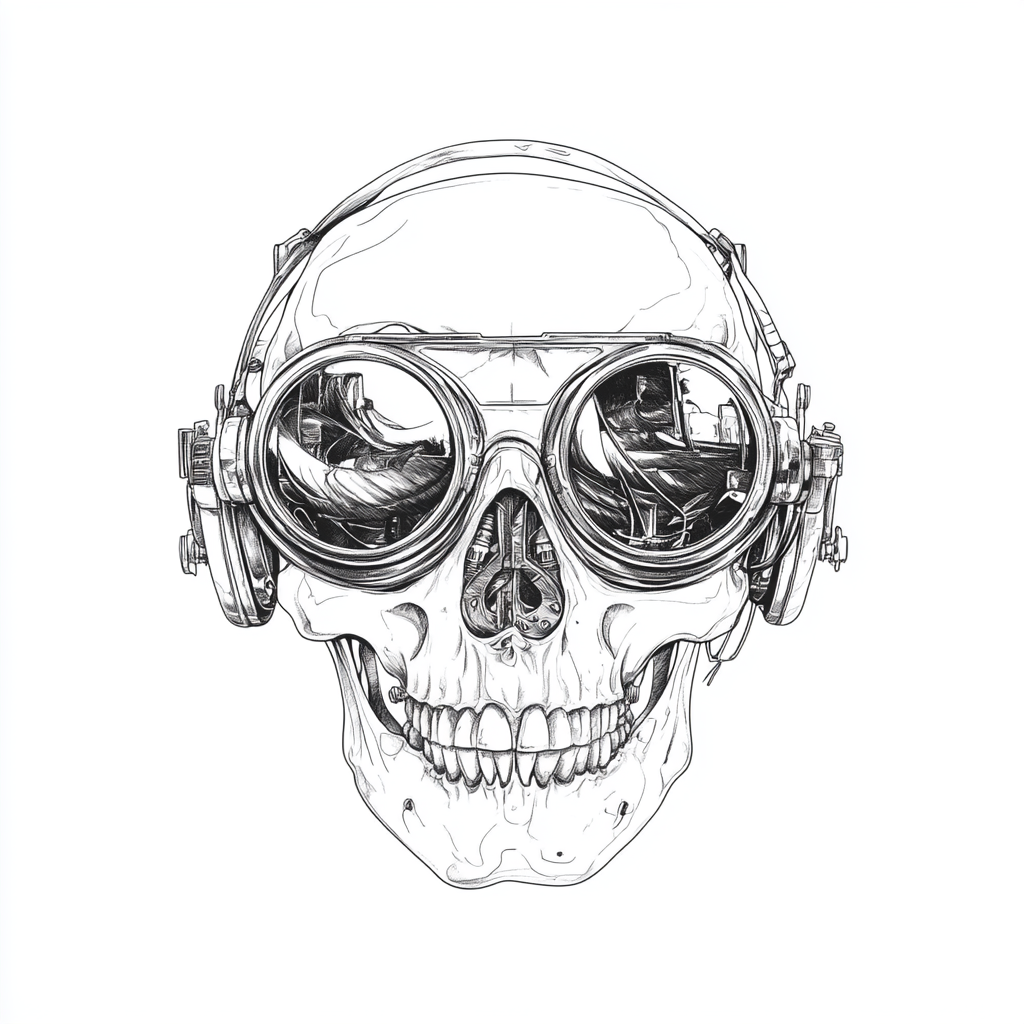 A skull with cool goggles and white background.