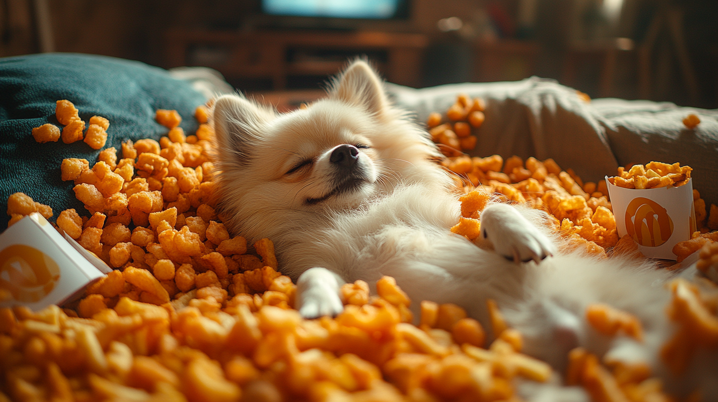 A sleepy Pomeranian surrounded by McDonald's fries.