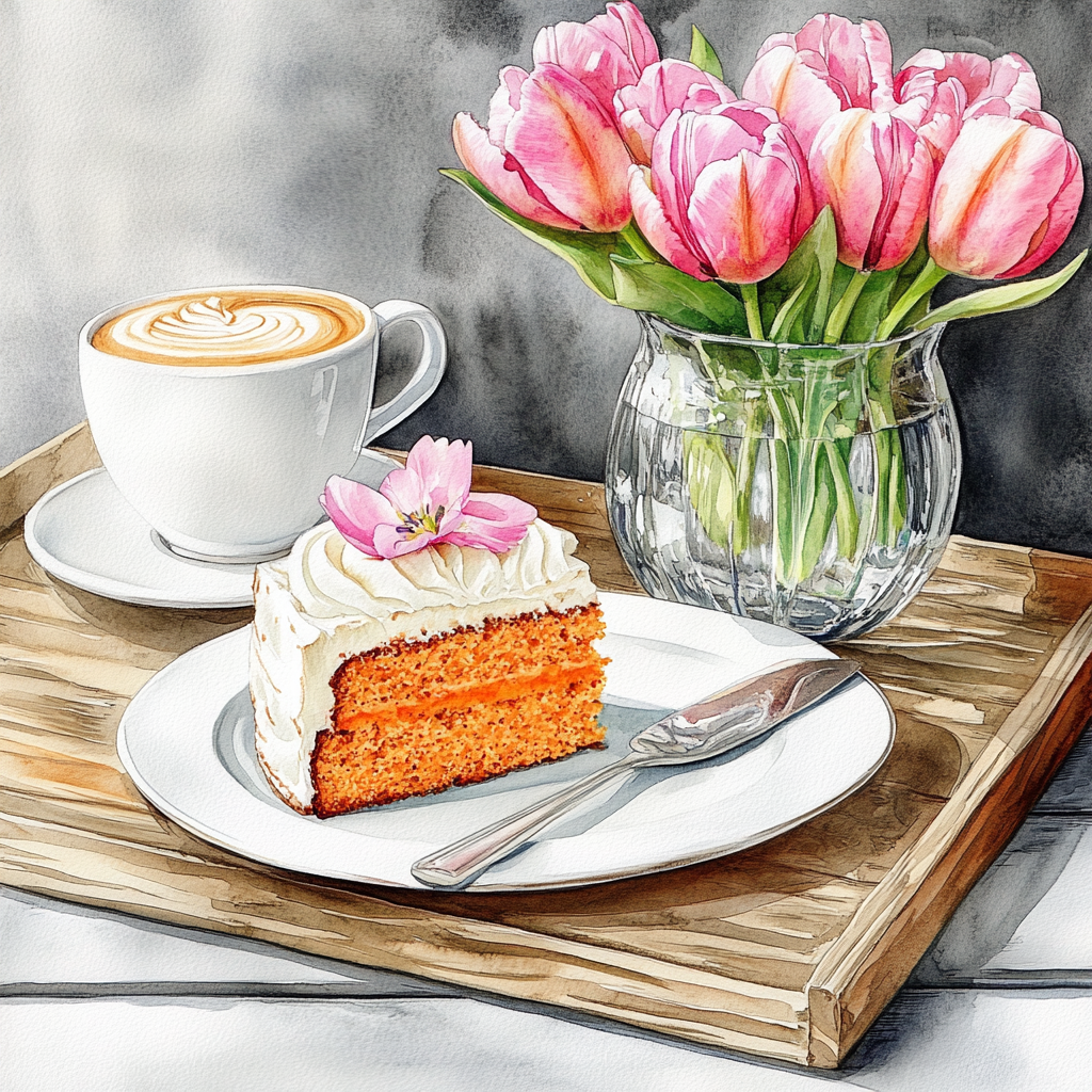 A slice of carrot cake and coffee art.