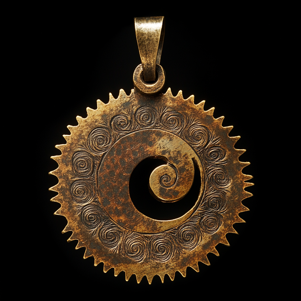 A small, detailed circular saw blade amulet