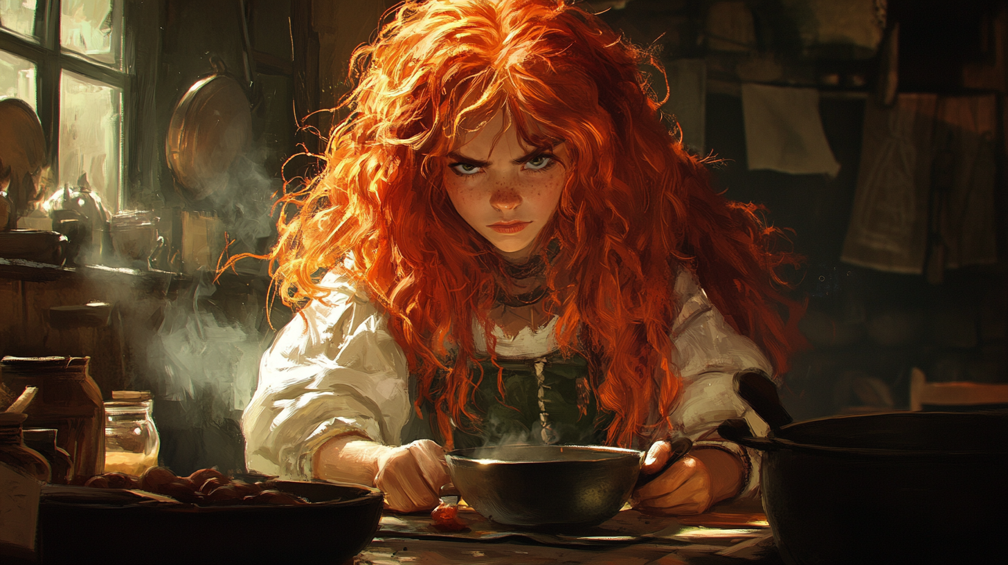 A small angry halfling cooks in medieval kitchen.