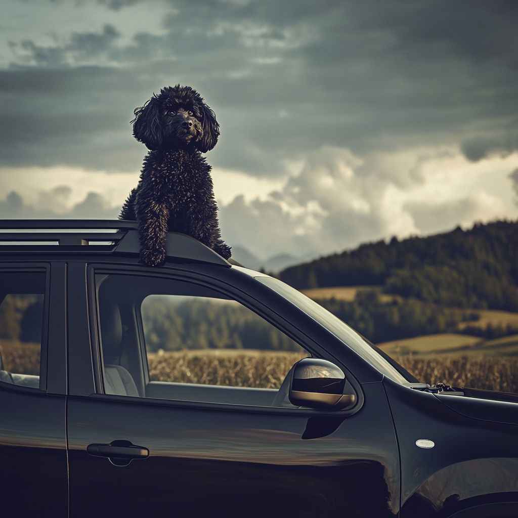 A small black poodle on a car roof