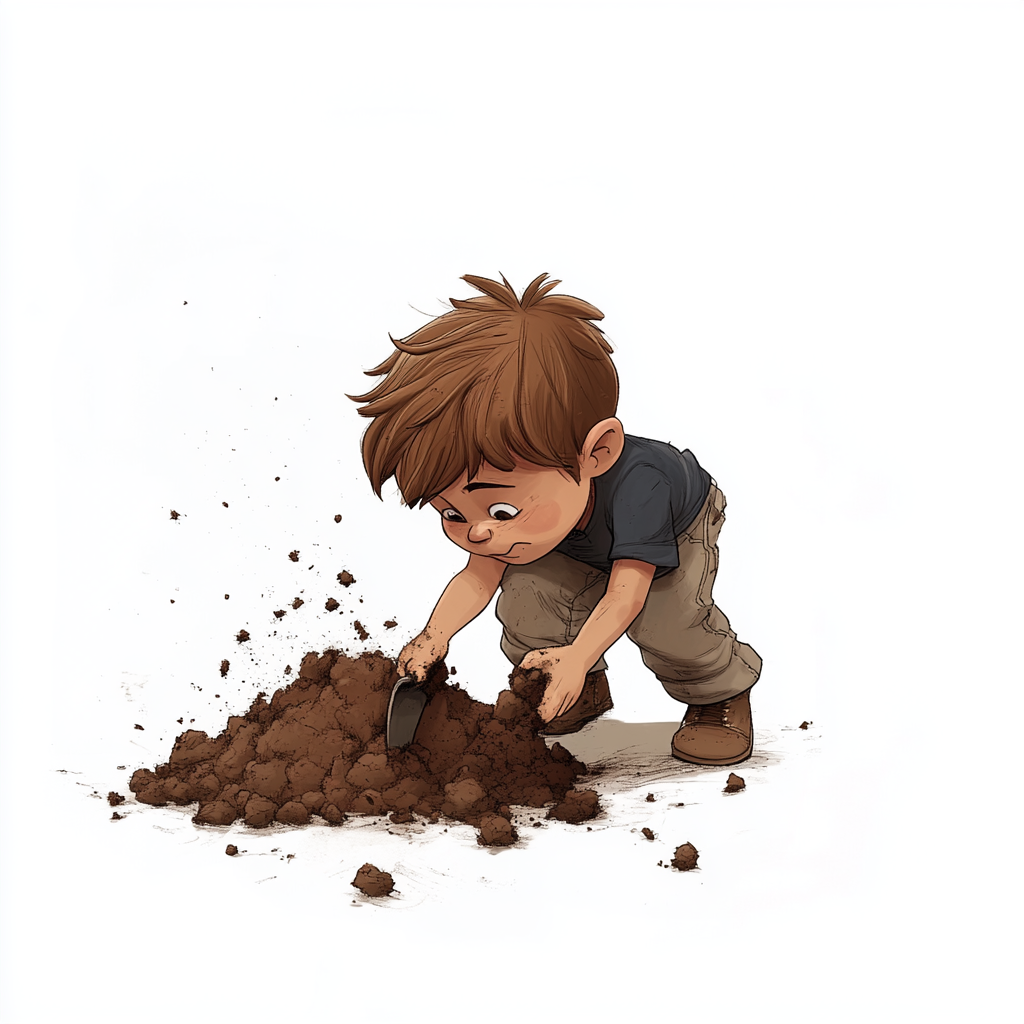 A small boy digging a hole