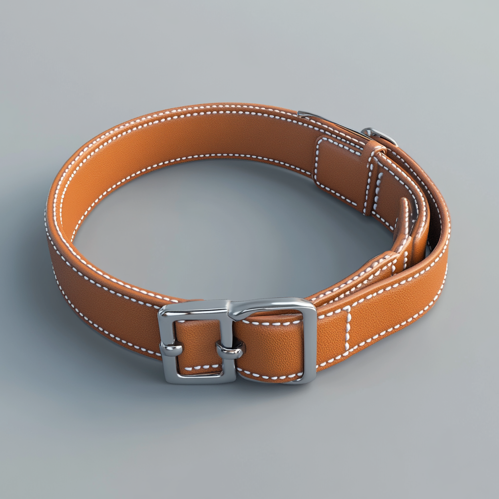 A small dog's caramel collar with white stitches