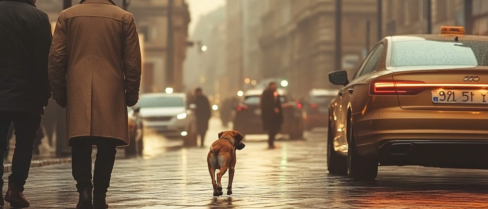 A small dog crossing a busy city street.